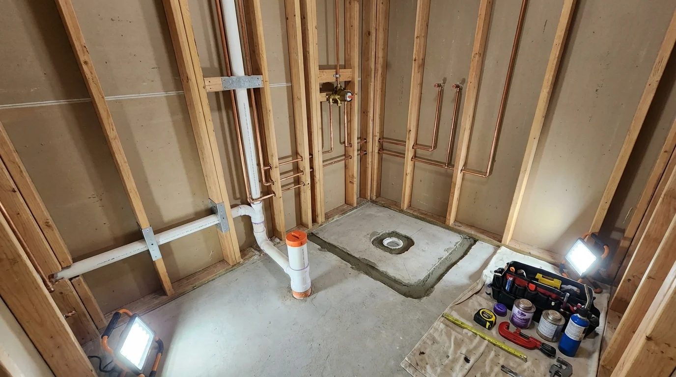 Bathroom rough-in plumbing during remodel by Johns Plumbing LLC in Ocean Gate