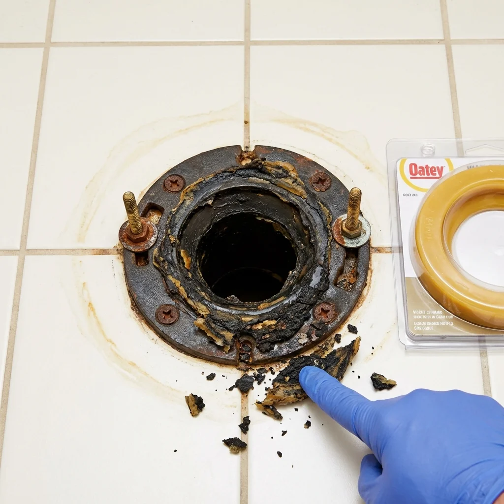 Failed wax ring showing water seepage at the base of a toilet in a Ocean Gate, NJ home