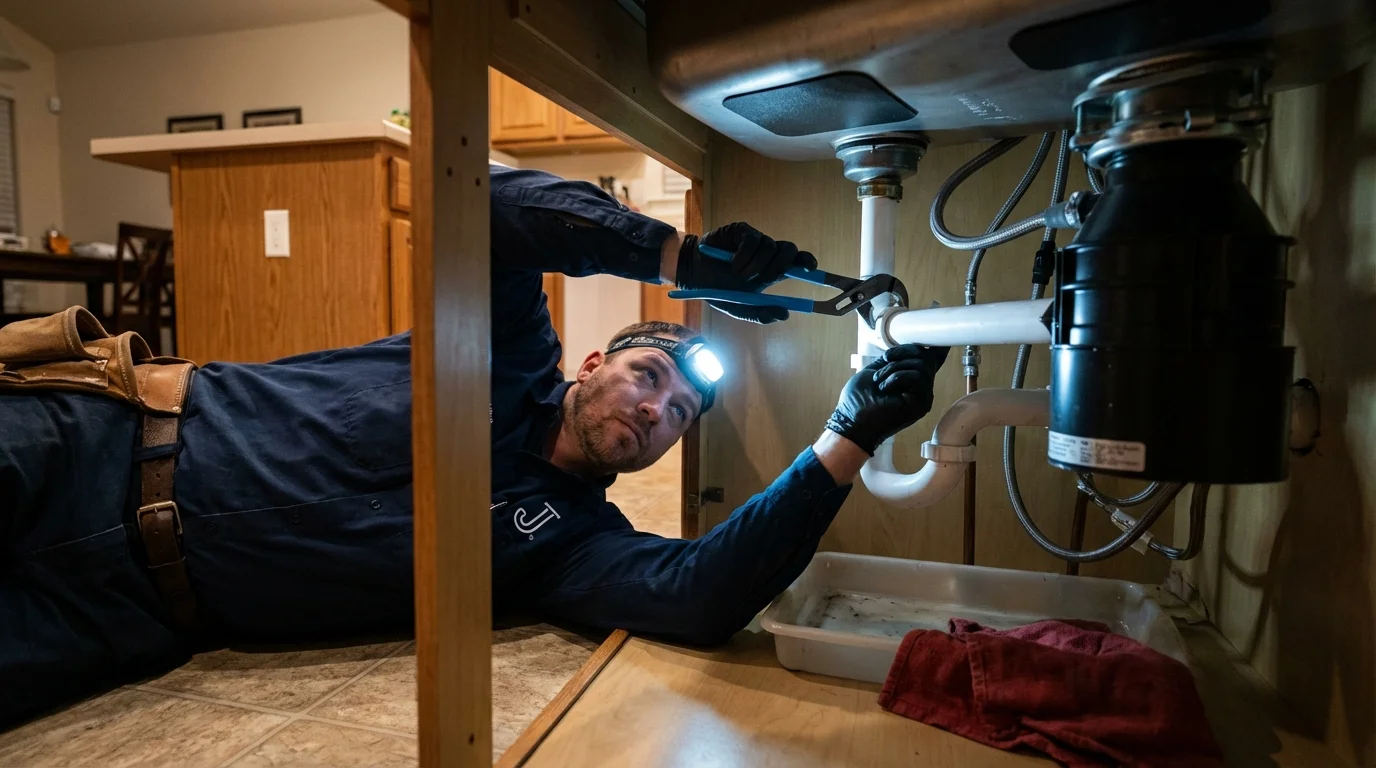 P-trap and supply line connections under a kitchen sink showing a common leak point in Ocean Gate, NJ